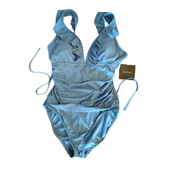 Ellen Tracy Laid Back Blue Ruffled Slimming One Piece Swimsuit Size 10 NWT - Picture 1 of 10